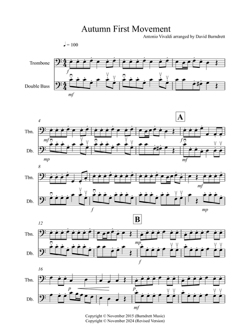 Autumn "Four Seasons" for Trombone and Double Bass Duet (Arr. David Burndrett) - Antonio Vivaldi (Instrumental Duet)