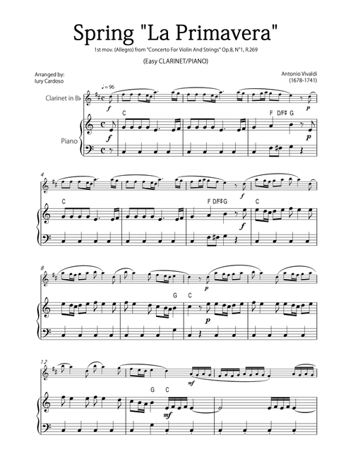 "Spring" (La Primavera) by Vivaldi - Easy version for CLARINET & PIANO (Arr. Iury Cardoso) - Antonio Vivaldi (Clarinet and Piano)