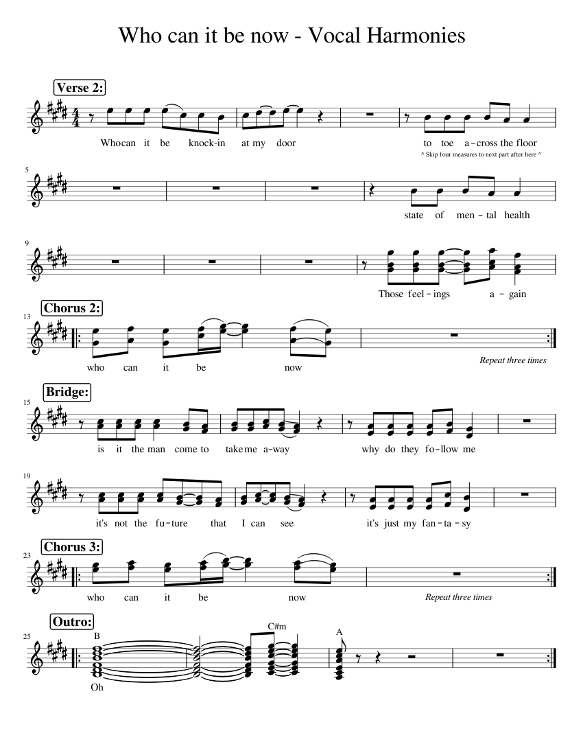 Who can it be now vocal harmonies sheet music for piano solo easy