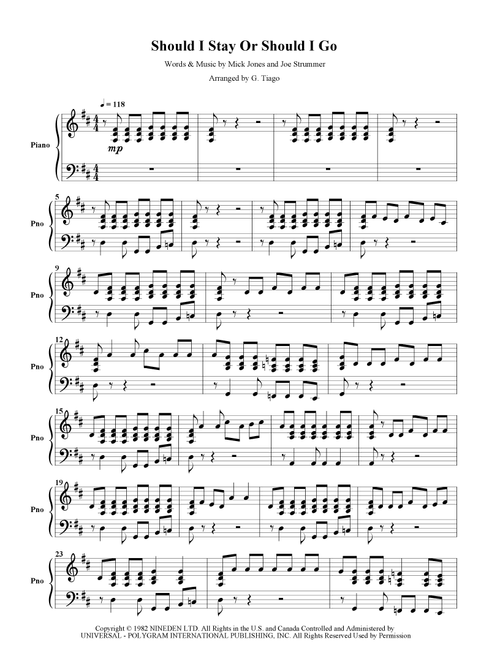 Should I Stay Or Should I Go (Arr. G. Tiago) - The Clash (Piano Solo)