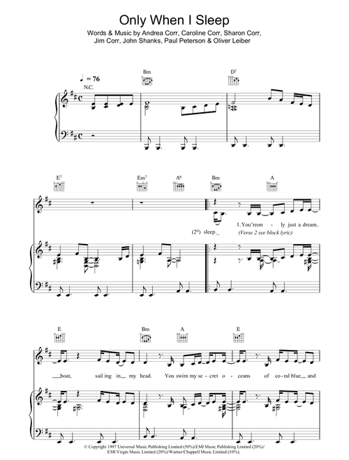 Only When I Sleep - The Corrs (Piano-Vocal-Guitar (Piano Accompaniment))