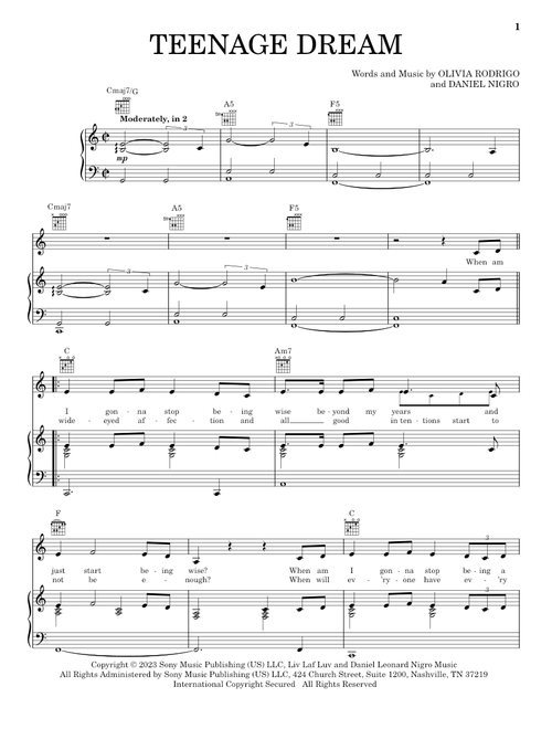 teenage dream - Olivia Rodrigo (Piano-Vocal-Guitar)