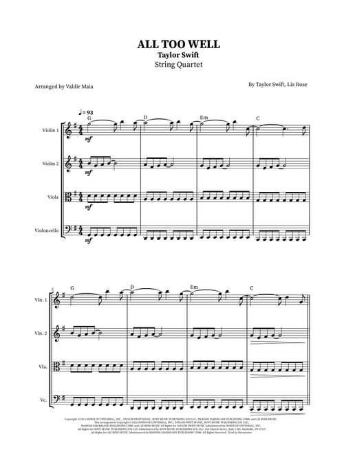 All Too Well (Arr. Valdir Maia) - Taylor Swift (String Quartet)