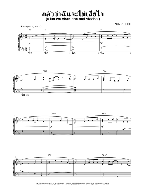 กลัวว่าฉันจะไม่เสียใจ (Klūa wā chan cha mai siachai) - PURPEECH (Piano)