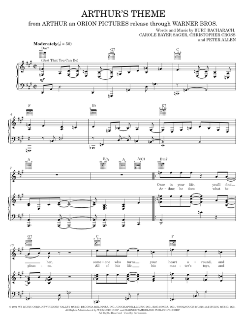 Arthur's Theme (Best That You Can Do) - Carole Bayer Sager, Christopher Cross (Piano-Vocal-Guitar)