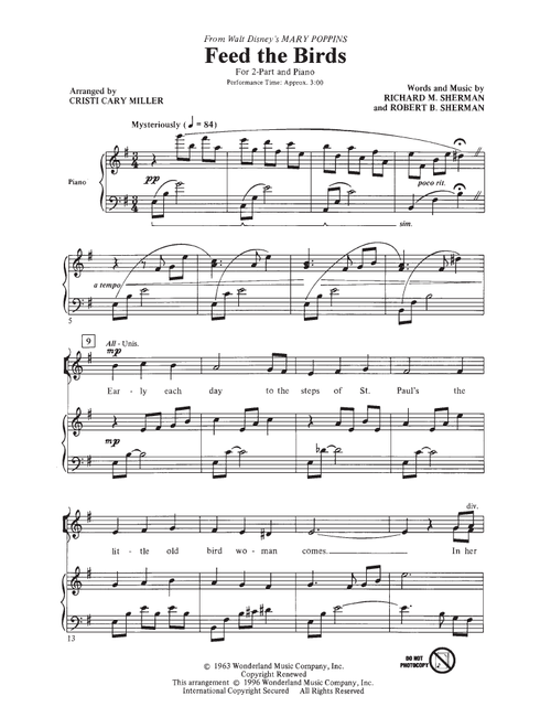 Feed The Birds (Tuppence A Bag) (from Mary Poppins) (arr. Cristi Cary Miller) - Robert B Sherman, Richard M Sherman (Choral, 2-Part)