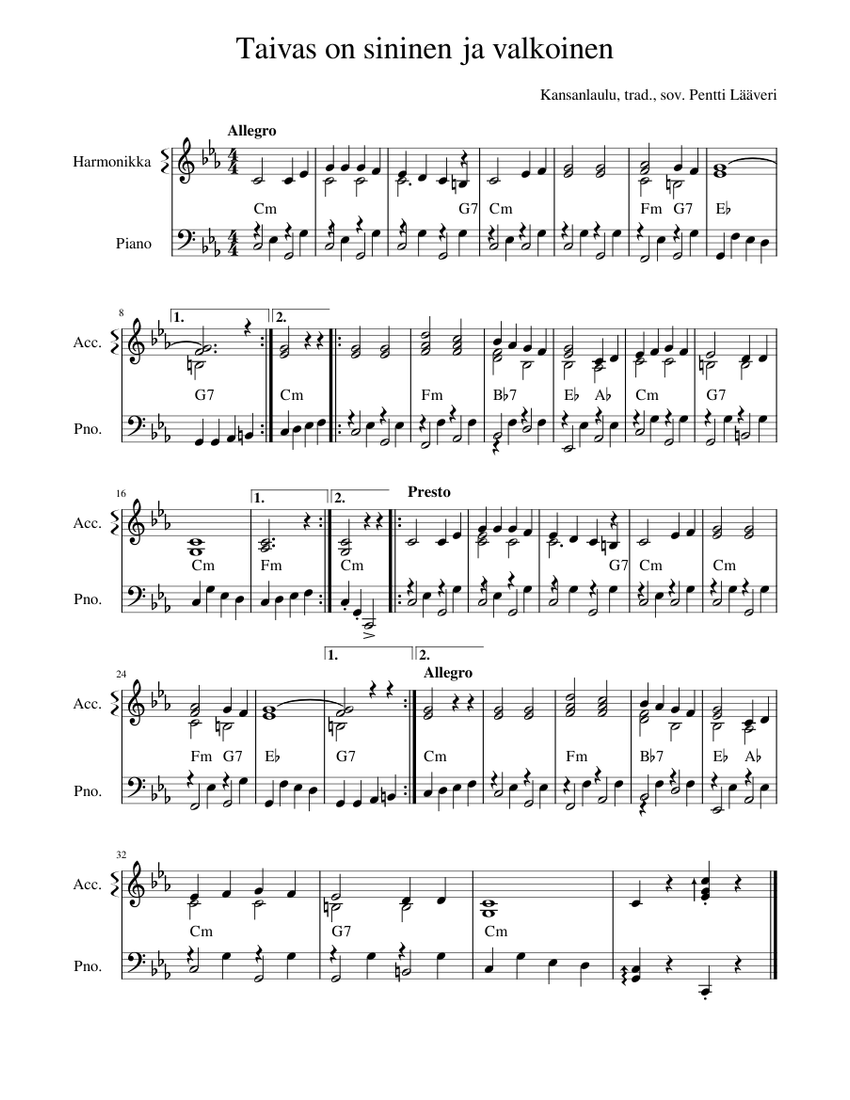 Taivas On Sininen Ja Valkoinen Sheet Music For Piano Accordion Mixed taivas-on-sininen-ja-valkoinen-sheet-music-for-piano-accordion-mixed