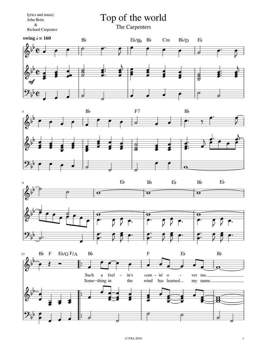 Top of the world Sheet music for Piano Guitar Mixed Trio Musescore