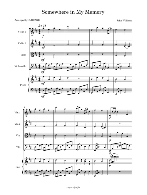 Somewhere in my memory – John Williams - Arrangement for string quartet & piano