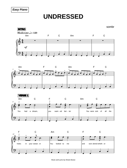 Undressed - sombr (Easy Piano)