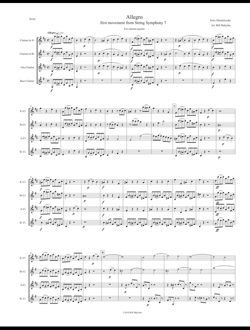 Allegro from String Symphony 7 for clarinet quartet (Arr. Bill Malcolm) - Felix Mendelssohn (Woodwind Ensemble)