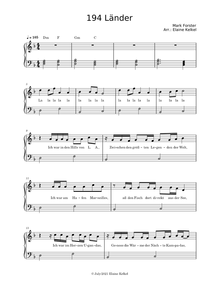 194 Länder Mark Forster Sheet music for Piano (Solo) Easy
