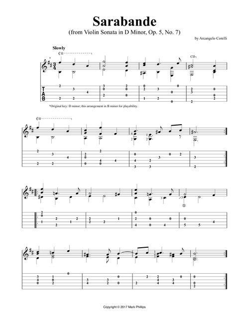 Sarabande (from Violin Sonata in D Minor, Op. 5, No. 7) (Arr. Mark Phillips) - Arcangelo Corelli (Guitar Tab)