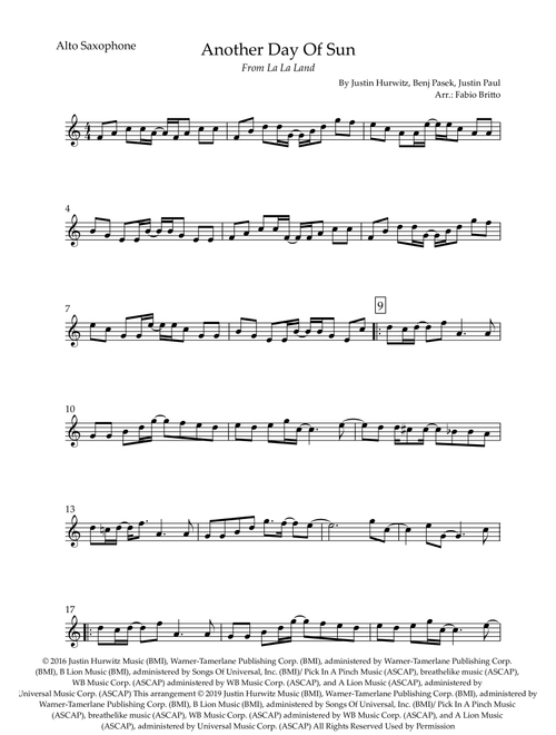 Another Day Of Sun (Arr. Fabio Britto) - Justin Hurwitz, Benj Pasek, Justin Paul (Alto Sax Solo)