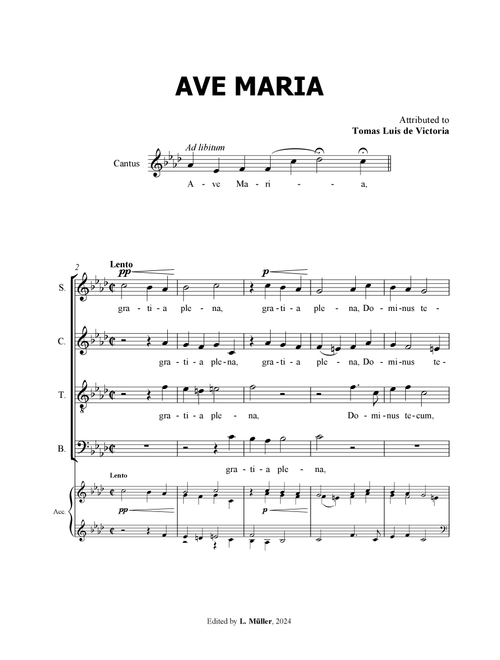 Ave Maria - Tomas Luis de Victoria - for Choir with Accompaniment - in Ab Major (Arr. L. Müller) (Choral, SATB)