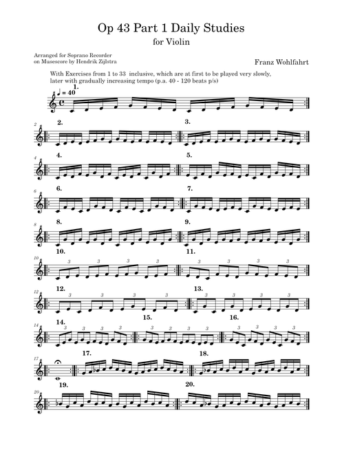 Op 43 Part 1 Wohlfahrt F, Daily Studies, Recorder Soprano