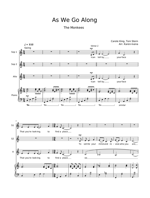 As we go along – The Monkees (Carole King, Toni Stern) arranged for SSA choir and piano