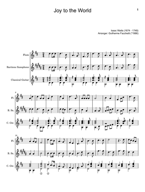 Joy to the World - Flute, B. Sax. and Guitar. With Parts. (Arr. Guilherme Facchetti) - Isaac Watts (Small Ensemble)