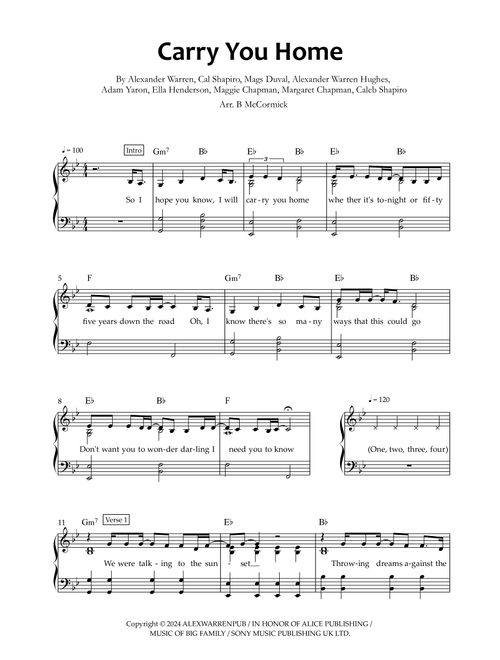 Carry You Home (Arr. B. McCormick) - Alex Warren (Piano-Vocal-Guitar (Piano Accompaniment))