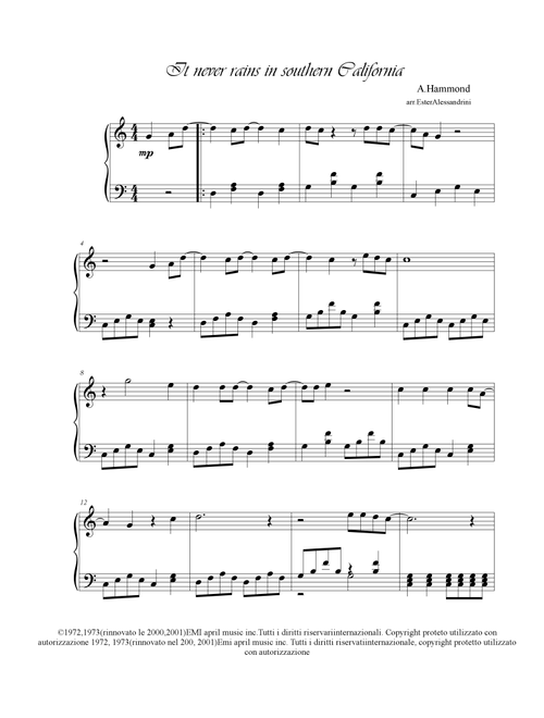 It Never Rains In Southern California (Arr. Ester Alessandrini) - Albert Hammond (Easy Piano)