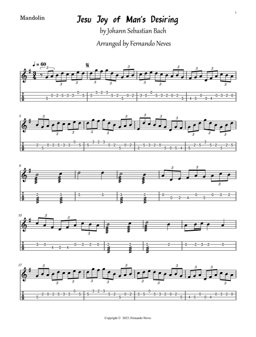 Jesu, Joy of Man's desiring for Mandolim (Tablature and Score) (Arr. FERNANDO LUIZ NEVES) (Mandolin)