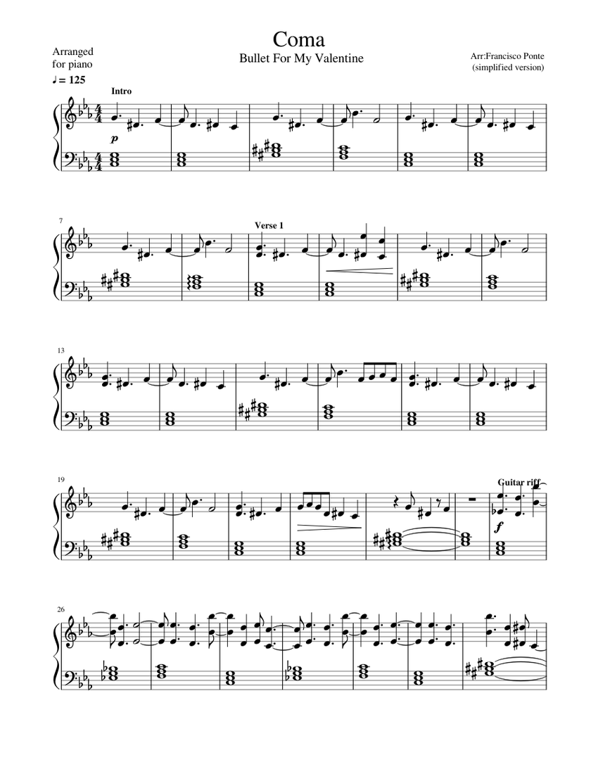 Coma, Bullet For My Valentine (Piano Cover) Sheet Music for Piano