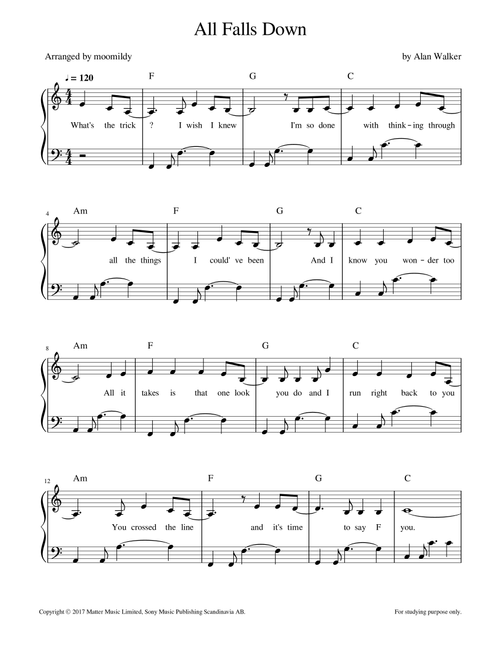 All Falls Down (Arr. arrange by moomildy) - Alan Walker Noah Cyrus & Digital Farm Animals (Easy Piano)