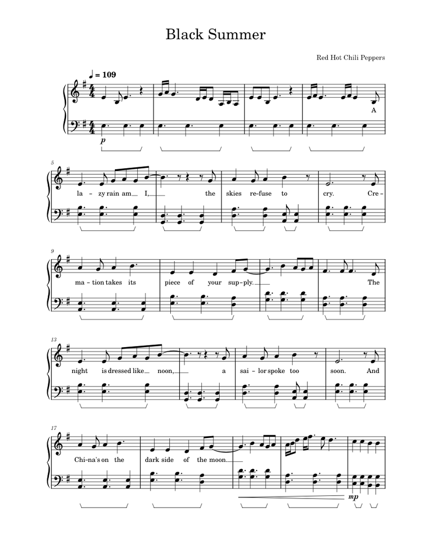 Black Summer - Red Hot Chili Peppers Sheet Music for Piano (Solo