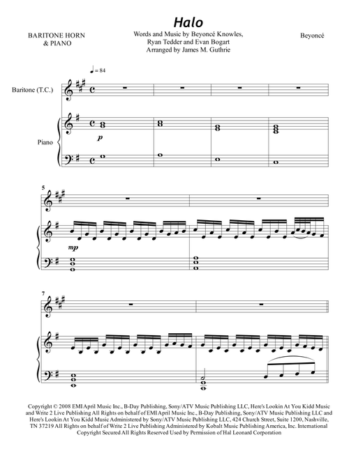 Halo (Arr. James M. Guthrie) - Beyonce (Instrumental Solo (with Piano Accompaniment))