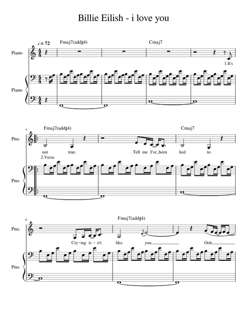 I Love You - Billie Eilish - melody, lyrics, chord names, and piano