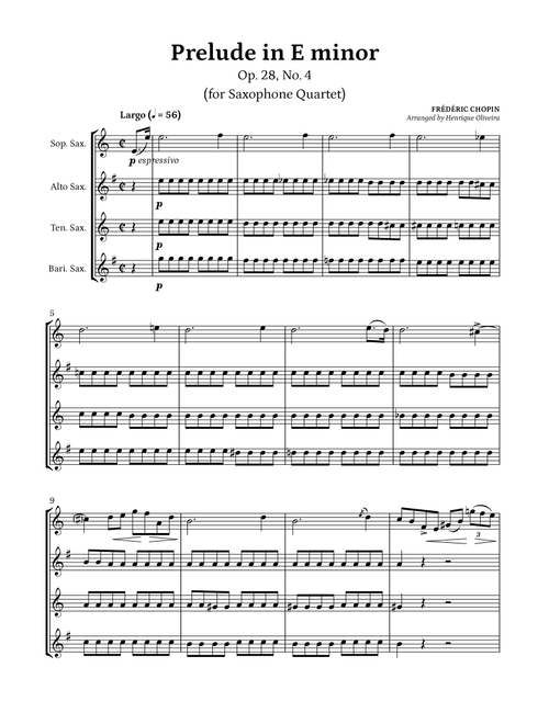 Prelude Op. 28, No. 4 (Saxophone Quartet) - Frédéric Chopin (Arr. Henrique Oliveira) (Woodwind Ensemble)