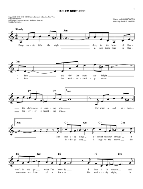 Harlem Nocturne - Earle Hagen, Dick Rogers (Easy Lead Sheet - Fake Book)