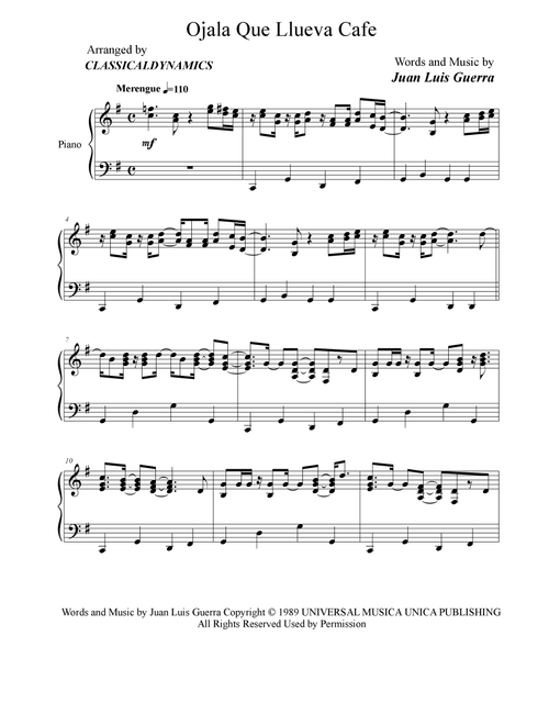 Ojala Que Llueva Cafe (Arr. ClassicalDynamics) - Juan Luis Guerra (Piano Solo)