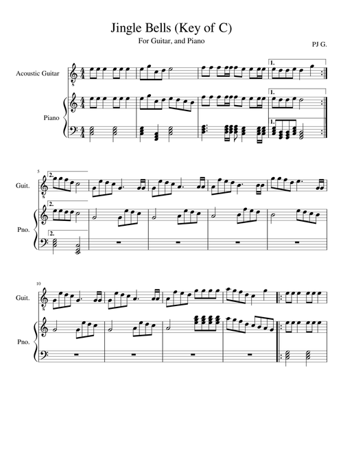 Jingle Bells (Key of C)-Guitar, Piano