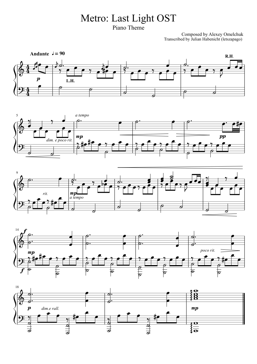 Metro Last Light - Piano Theme Sheet music for Piano (Solo) Metro Last Light - Piano Theme Sheet music for Piano (Solo)