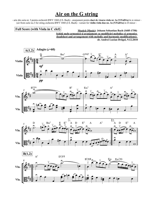 J. S. Bach - Air on the G string (air from suite no.3 for string orchestra BWV 1068 - variant for vi (Arr. Andrei-Lucian Drăgoi) - Johann Sebastian Bach (1685-1750) (Instrumental Duet)
