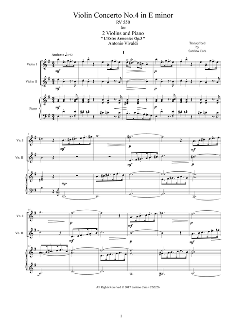 Vivaldi - Violin Concerto No.4 in E minor RV 550 Op.3 for Two Violins and Piano (Arr. Santino Cara) - Vivaldi Antonio (Instrumental Duet and Piano)