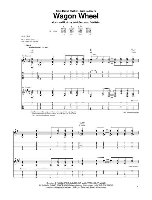 Wagon Wheel - Darius Rucker, Bob Dylan, Old Crow Medicine Show (Guitar Tab)
