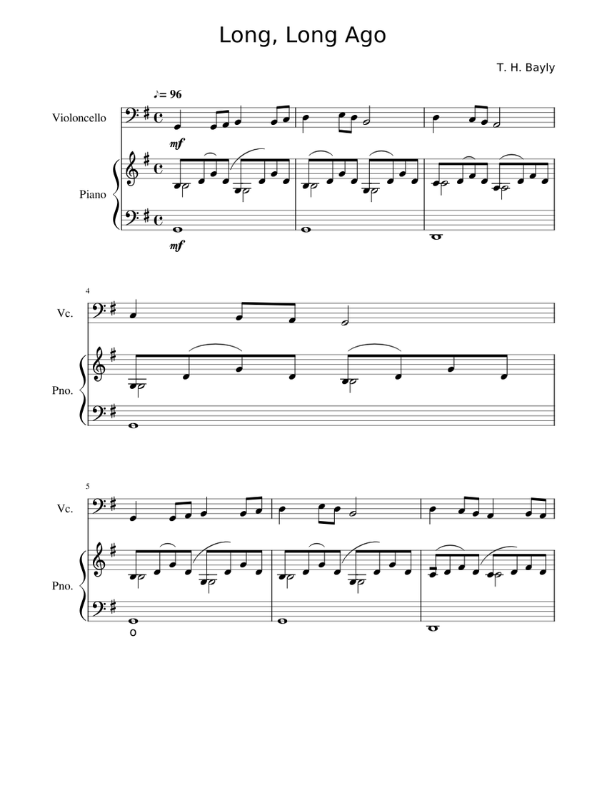Long Long ago Sheet Music for Piano, Cello (Solo) | MuseScore.com