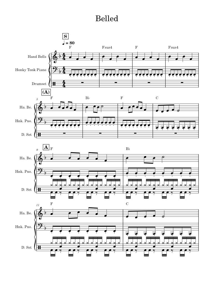 Belled Sheet music for Piano, Drum group, Handbells (Mixed Trio