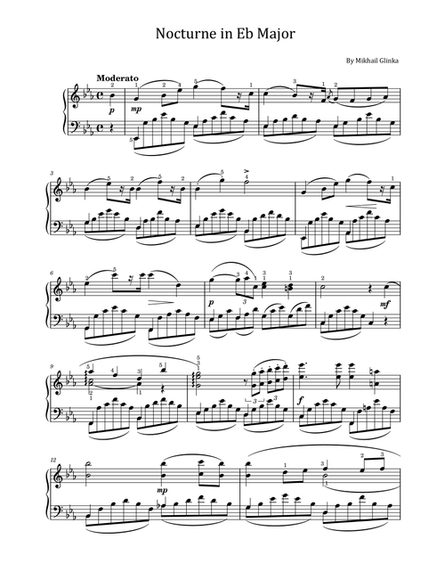 Nocturne in Eb Major – Mikhail Glinka - Original With Fingered - For Piano Solo (Arr. poon) (Piano Solo)