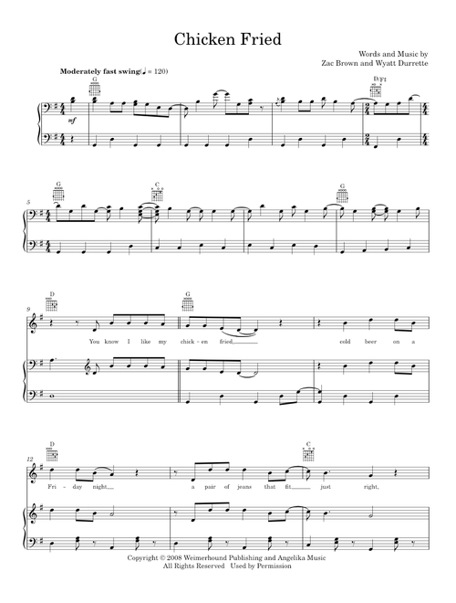 Chicken fried - Zac Brown Band (Piano-Vocal-Guitar)
