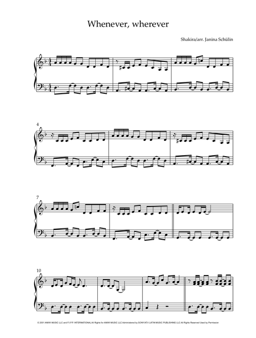 Whenever, Wherever (Arr. Janina Schülin) - Shakira (Easy Piano)