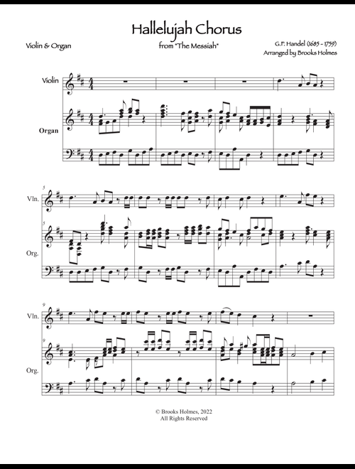 Hallelujah Chorus from "The Messiah" for Solo Violin & Organ (Arr. Brooks Holmes) (Violin and Piano)