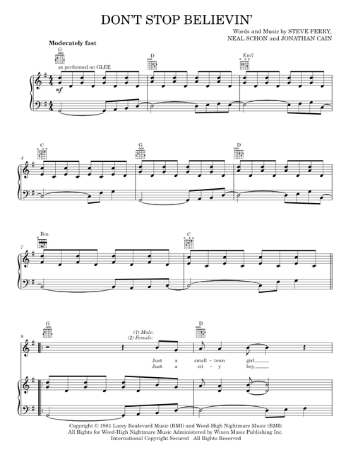 Don't Stop Believin' - Glee TV Series, Glee Cast, Journey (Piano-Vocal-Guitar)