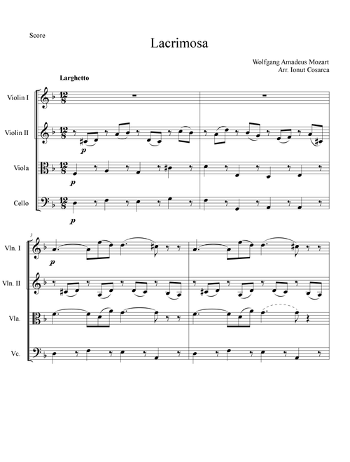 Lacrimosa from Mozart's Requiem (K. 626) (Arr. Ionut Cosarca) - W. A. Mozart (String Quartet)