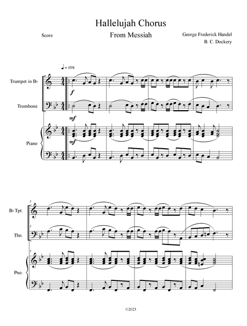 Hallelujah Chorus from Messiah (Trumpet and Trombone Duet with Piano Accompaniment) (Arr. B. C. Dockery) - George Frederick Handel (Instrumental Duet and Piano)