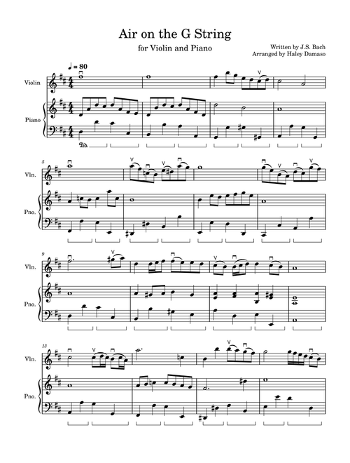 Air on the G String (Orchestral Suite No. 3 in D Major, Movement II, Aria) (Arr. Haley Damaso) - J.S. Bach (Violin and Piano)