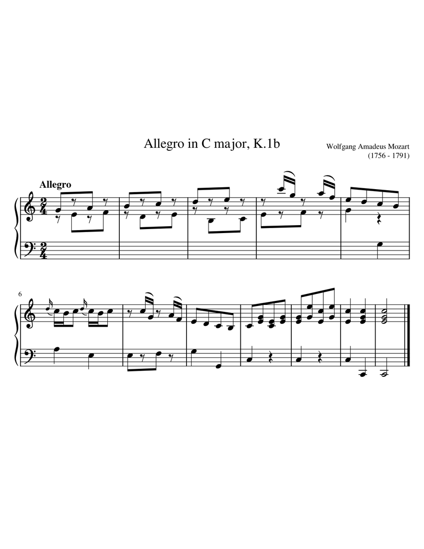 (1756 - 1791) Wolfgang Amadeus Mozart - Allegro in C major, K.1b Sheet ...