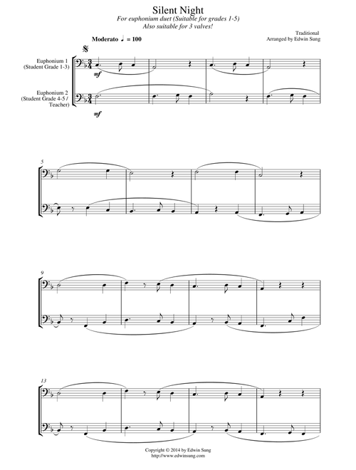 Silent Night (for euphonium duet (bass clef, 3 or 4 valved), suitable for grades 1-5) (Arr. Edwin Sung) - Traditional (Euphonium Solo)